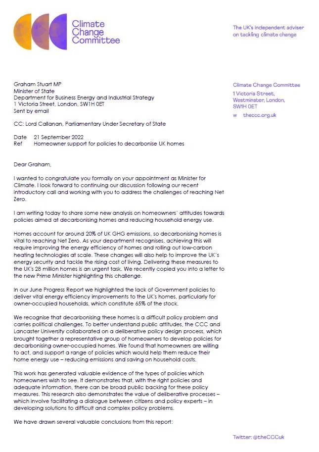 Image of the letter from Lord Deben to Graham Stuart MP
